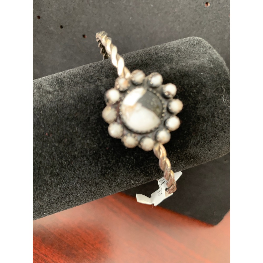 925 Sterling Silver Twisted Rope Cuff Bracelet White Buffalo Stone Cluster